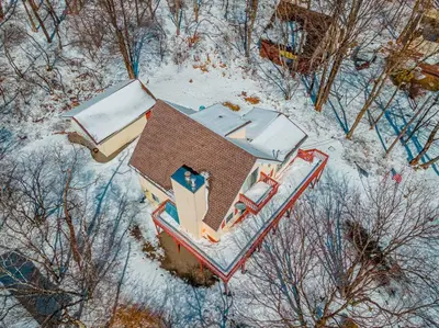 an overhead view of a house covered in snow at PoconoChalet-Hot Tub-Grill-Firepit-Games in Long Pond