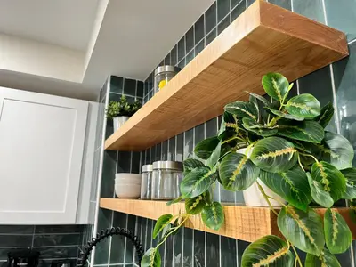 a kitchen with wooden shelves and a potted plant at Modern + Airy Fishtown Townhouse w/ Arcade in Philadelphia