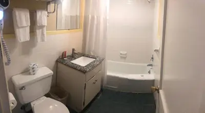 a bathroom with a toilet and a sink and a tub at Aderi Hotel Lewisburg in Lewisburg