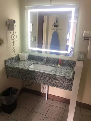 a bathroom with a sink and a large mirror at Aderi Hotel Lewisburg in Lewisburg