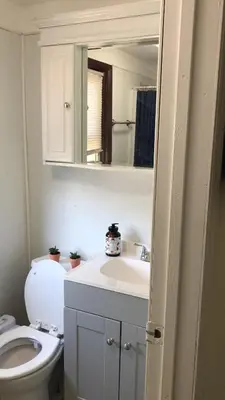 a bathroom with a toilet and a sink and a mirror at cozy room with private bathroom in Arlington