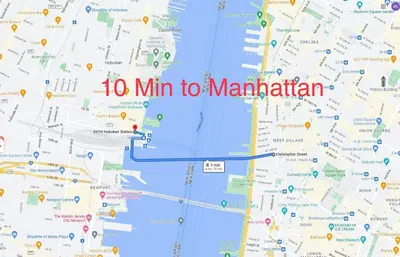 a map with the text min to manhattan at 10Min to NYC - 2BR/2.5Bath-3Beds-Free Parking-No Chores in Hoboken