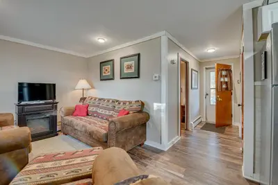 a living room with a couch and a fireplace at Cozy Pennsylvania Home with Fire Pit and Dock Access! in Carbondale