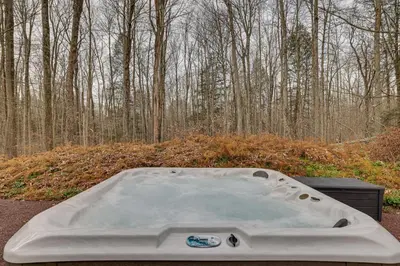 a bath tub sitting in the middle of a woods at Pocono Pines Home with Private Hot Tub! in Pocono Pines