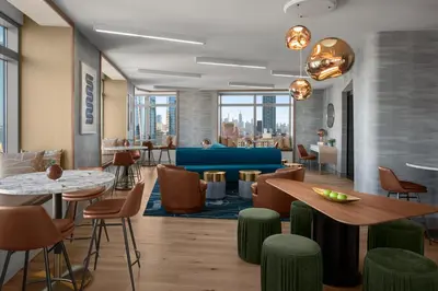 a rendering of a restaurant with tables and chairs at Financial District 1br w WD gym elevator NYC-1362 in New York