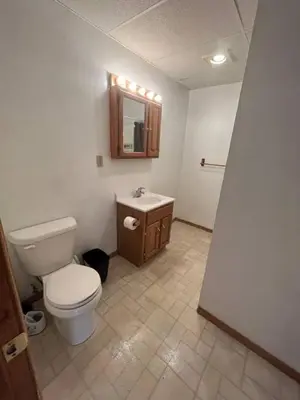 a bathroom with a toilet and a sink at Spacious Apt near Guthrie Packer in Sayre
