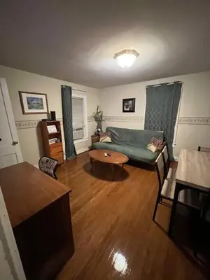 a living room with a couch and a table at Intimate 1 Bedroom Apt by UHS in Binghamton