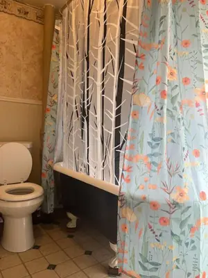 a bathroom with a toilet and a shower curtain at Intimate 1 Bedroom Apt by UHS in Binghamton