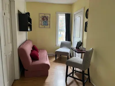 a living room with a pink couch and two chairs at Spacious 3 bed by Wilson, Lourdes Hospitals near Vestal in Johnson City