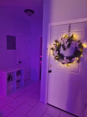 a purple room with a door with a wreath on it at Zen Oasis Room in Newark