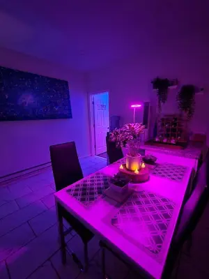 a purple dining room with a table with purple lighting at Zen Oasis Room in Newark