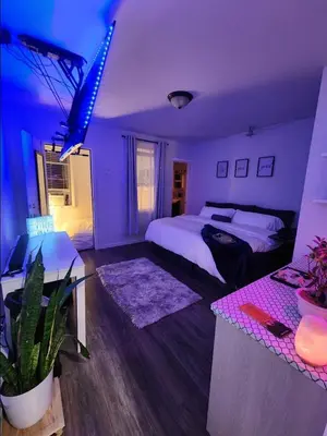 a purple bedroom with a bed and a table at Zen Oasis Room in Newark