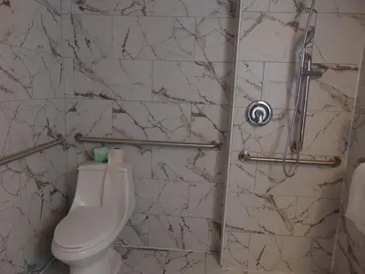 a bathroom with a toilet and a shower at THE GOLFERS INN in Upper Darby