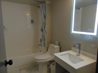a bathroom with a toilet and a sink and a tub at THE GOLFERS INN in Upper Darby