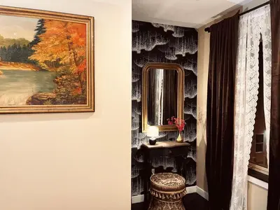 a room with a painting and a mirror and a stool at Trio Sonata, 3-Bed Rock n Roll Residence in Northern Liberties in Philadelphia