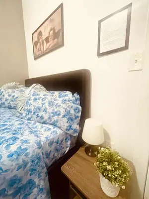 a bedroom with a bed and a table with a lamp at Bright, Cozy Room Near Center City Philadelphia and Museums in Philadelphia