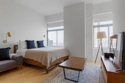 a bedroom with a bed and a tv and a couch at Financial District studio w gym doorman NYC-1289 in New York
