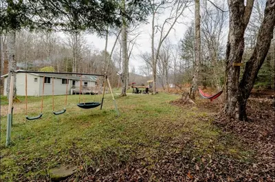 a yard with two swings and a house at EV Serene Modern Cozy Waterfront Fireplace Cottage in Livingston Manor