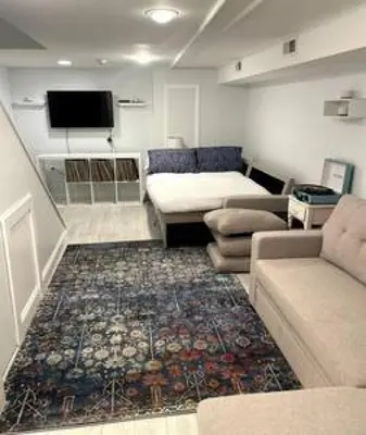 a living room with a couch and a rug at Northern Liberties Fishtown Central Cozy Quaint in Philadelphia