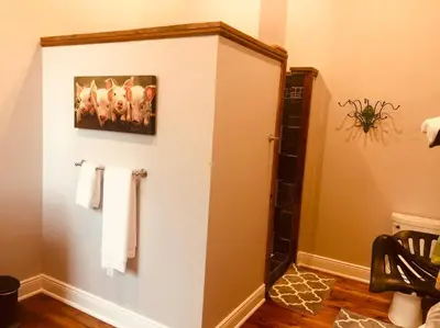 a bathroom with a shower and towels on a wall at Triple Brick on Main in Wyalusing