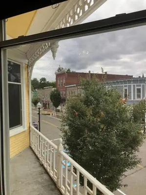 a window of a house with a tree on a balcony at Small Town Hideaway in Wyalusing