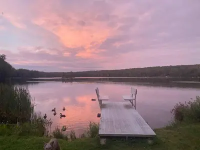 a dock with two chairs and ducks on a lake at Lake Front, Hot Tub, Fire Pit, FP, Boats, Ski in Gouldsboro