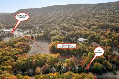 an aerial view of a town with trees and signs at The Outpost Camelback Walk to Ski, Swim, and Fun! in Tannersville