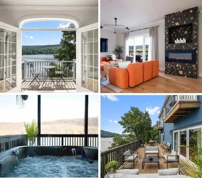a collage of pictures of a house at Lakeview Villa with Private Hot Tub, Firepit & Spacious Decks with Breathtaking Cliff Views in Greenwood Lake