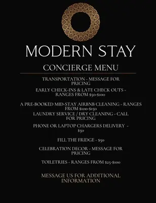 a poster for a modern stay conference menu at Rainforest Retreat 20m to NYC Parking Sleeps 25 in Bayonne