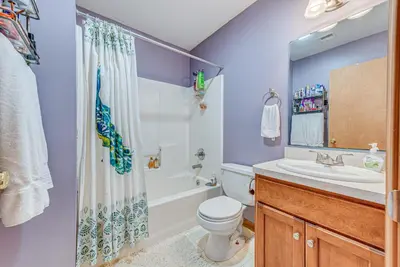 a bathroom with a toilet and a sink and a shower at 11 Mi to Camelback Resort Tobyhanna Home! in Tobyhanna