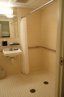 a bathroom with a shower curtain and a sink at Pine Barn Inn in Danville