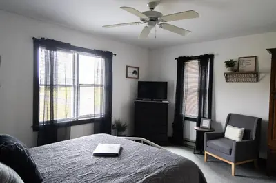 a bedroom with a bed and a fan and a chair at Paper Mill Pines Bed and Breakfast in Shickshinny