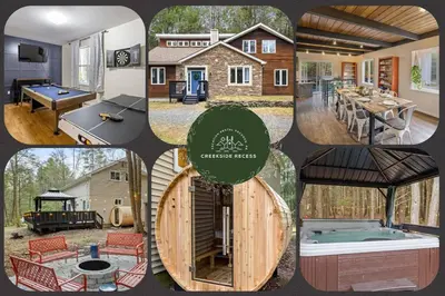 a collage of pictures of a backyard with a house at Creekside Recess Hottub Sauna Firepit Gameroom