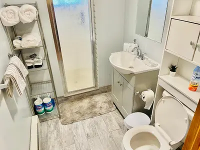 a bathroom with a shower and a toilet and a sink at Bright, Stylish & Cozy Private Attic Unit near NYC! in Haledon
