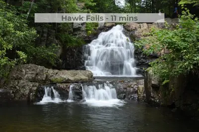 a waterfall with a sign that reads hawks falls ii mins at Modern A-frame in woods with Sauna, HotTub, Privacy in Albrightsville