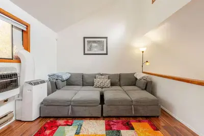 a living room with a gray couch and a rug at Poconos Chalet in Tobyhanna