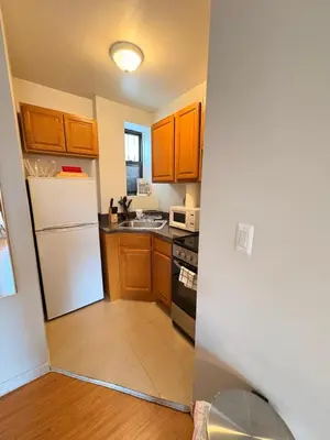 a kitchen with wooden cabinets and a white refrigerator at Renovated 1br in East Village in New York