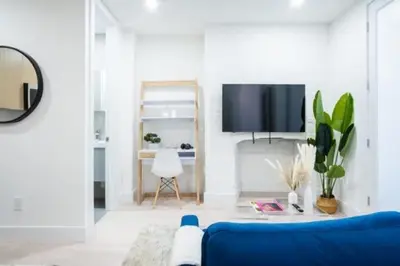 a living room with a blue couch and a tv at 180-2 Brand new 2BR 1Bath East Village in New York
