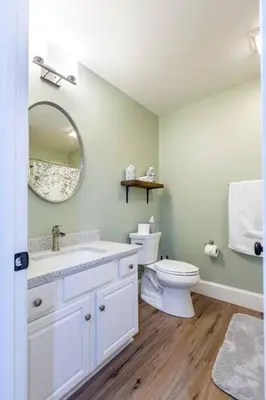 a bathroom with a sink and a toilet and a mirror at The Queen Place - Updated-Private Backyard in Gordonville