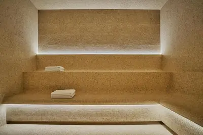 a bathroom with a shower with two towels on shelves at Pendry Natirar in Peapack