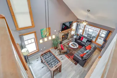 an overhead view of a living room with a couch at Cozy Cove Near Waterparks, Zip Line, Ski and More in Tannersville