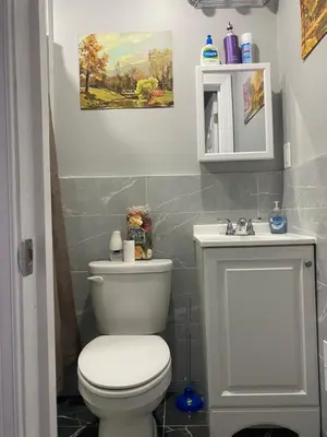 a bathroom with a white toilet and a sink at Cozy Getaway Room in Newark
