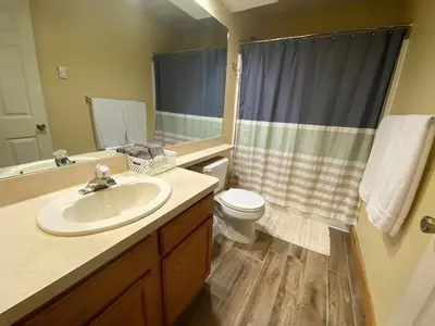 a bathroom with a sink and a toilet and a shower at Gorgeous House in Camelback Mountain near lifts! in Tannersville