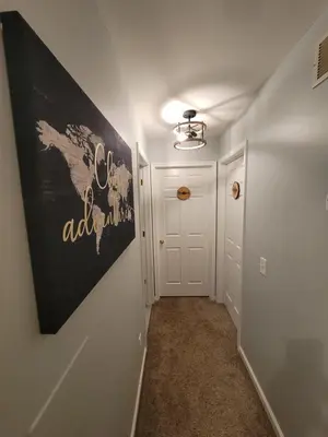 a hallway with a door and a painting on the wall at 5 BR Coyote Cliff Corner HUGE Luxury w/Hot Tub and Linens in Albrightsville