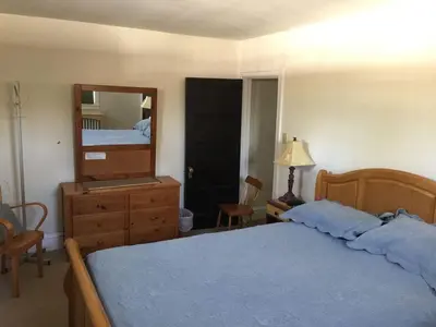 a bedroom with a bed and a dresser and a mirror at Bryn Mawr Guest Suites in Bryn Mawr