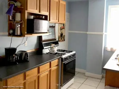 a kitchen with a stove and a microwave at Bryn Mawr Guest Suites in Bryn Mawr