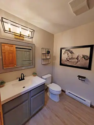 a bathroom with a sink toilet and a picture of a horse at Red Rock Run - Luxury 6 BR Secluded Home with Hot Tub & Linens in Albrightsville