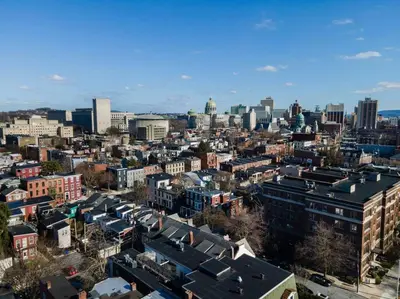 an aerial view of a city with buildings at Flats on Front - Riverfront Gem Fast Wi-Fi 3F in Harrisburg