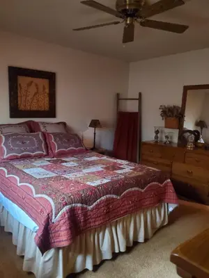 a bedroom with a bed and a ceiling fan at Harmony in the Woods in Lake Harmony