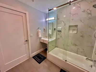 a bathroom with a shower and a sink at The Modern Suite - 2BR Close to NYC in Paterson